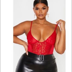 Plus Red Sheer Lace Bodysuit